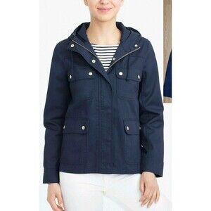 J.Crew Resin Coated Twill Field Cargo Utility Hooded Jacket Women's L Navy Zip
